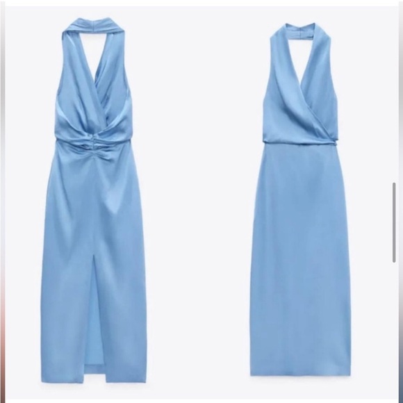 Zara satin effect halter dress backless open low back  formal light sky blue M - Picture 2 of 14